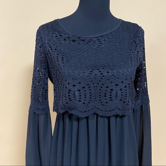 Max Studio Black Crocheted Popover Short Casual Dress Flowy Long Sleeves XS - Picture 4 of 10